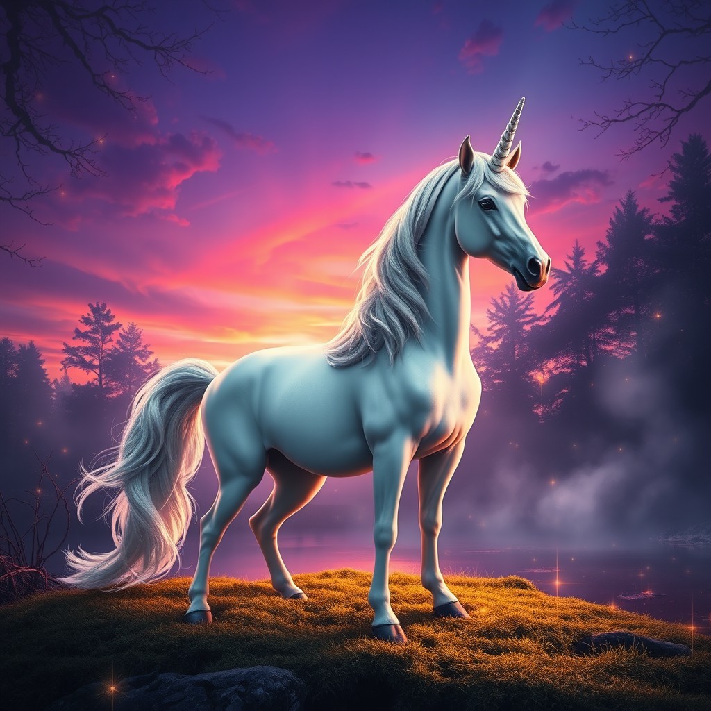 An ethereal scene featuring a majestic unicorn with a shimmering mane flowing like waves of silver, set against a vivid twilight sky painted in shades of purple and orange