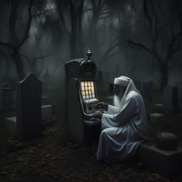 A Kuntilanak (ghostly figure) playing a slot machine in a cemetery with an elderly Hajj pilgrim, in the middle of a haunting forest.