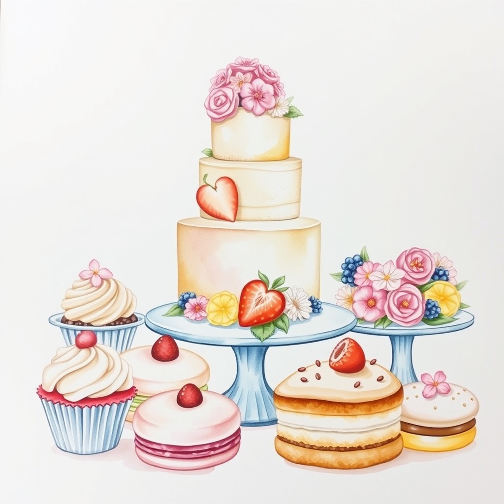 A charming watercolor painting depicting a delightful dessert display for a bakery logo