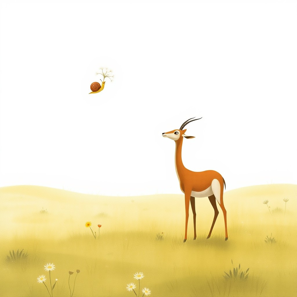 In the charming style of Jon Klassen, a serene scene unfolds on a vast grassy plain where a graceful antelope raises its head to gaze at a tiny snail flying beneath a dandelion puff in the sky