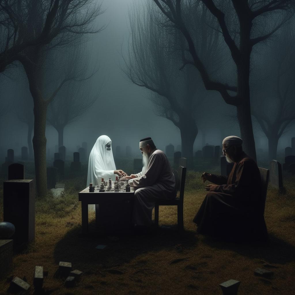 A Kuntilanak (ghostly figure) playing a slot machine in a cemetery with an elderly Hajj pilgrim, in the middle of a haunting forest.