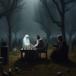 A Kuntilanak (ghostly figure) playing a slot machine in a cemetery with an elderly Hajj pilgrim, in the middle of a haunting forest.