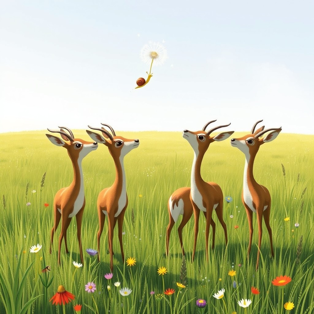 In the whimsical style of Jon Klassen, a delightful scene unfolds on a sprawling grassland where a group of elegant antelope raise their heads in curiosity