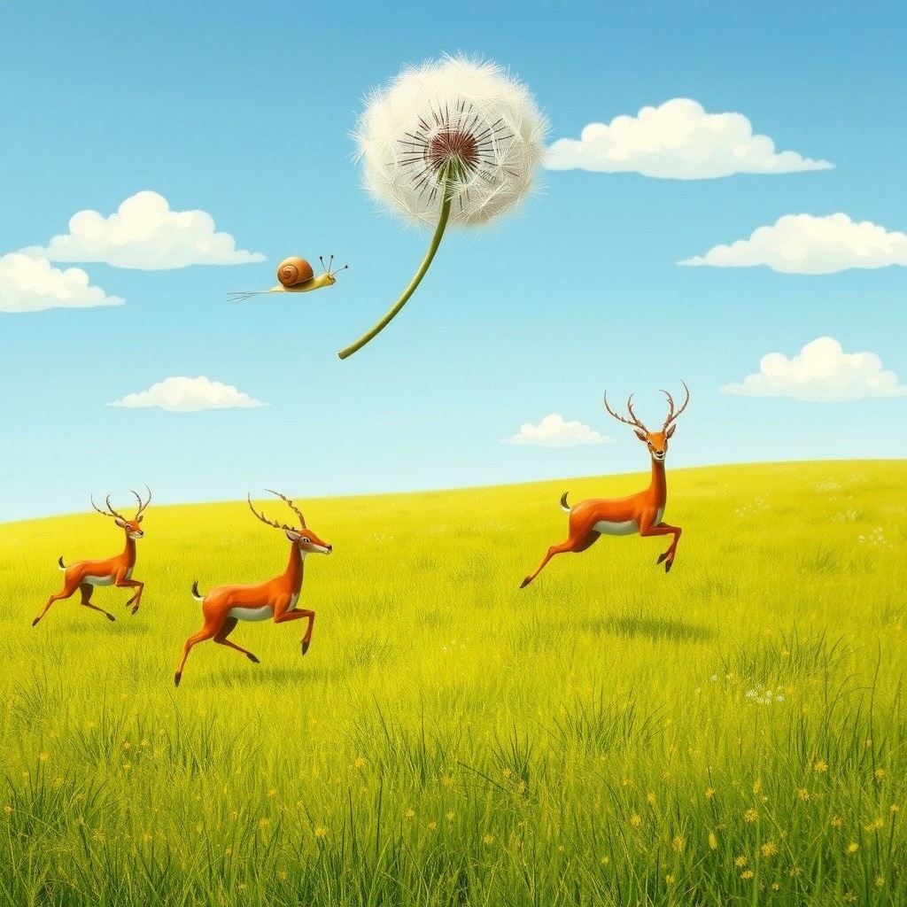 In the whimsical style of Jon Klassen, a joyful scene unfolds on a sprawling grassland where several antelope are playfully running, their graceful bodies captured mid-leap as they bound across the vibrant green landscape