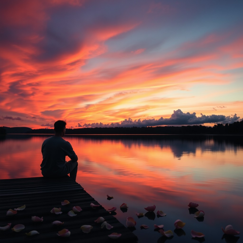 An evocative scene highlighting a vibrant sunset that stretches across a broad sky, with a solitary figure sitting on a dock by a calm lake