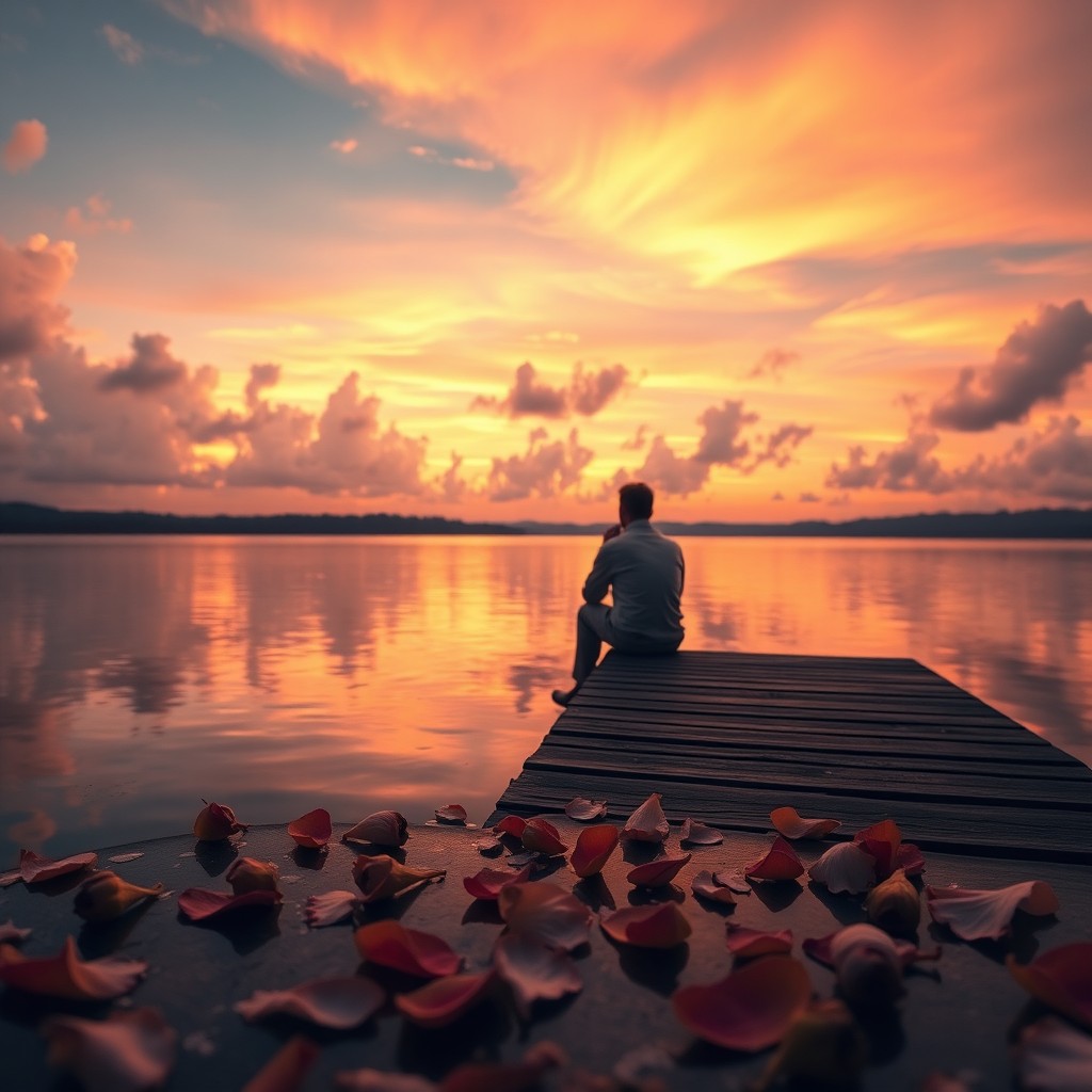 An evocative scene highlighting a vibrant sunset, showcasing softer and lighter hues of pastel oranges, pinks, and lavenders that fill the sky above a solitary figure sitting on a dock by a calm lake