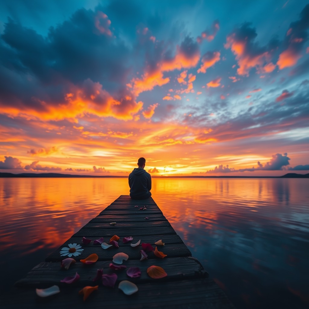 An evocative scene focusing on a vibrant sunset extending across a broad sky, featuring a solitary figure sitting on a dock by a calm lake, positioned on the left side of the image