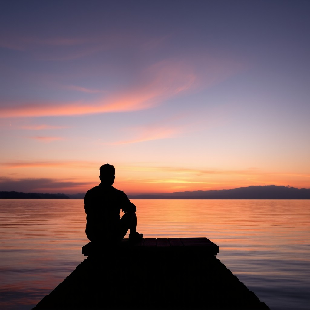 A poignant scene featuring the silhouette of a man sitting alone on a dock, facing a pastel-colored sunset that evokes feelings of heartbreak, hope, and disillusionment