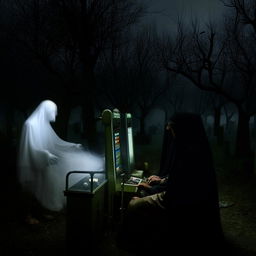 A Kuntilanak (ghostly figure) playing a slot machine in a cemetery with an elderly Hajj pilgrim, in the middle of a haunting forest.