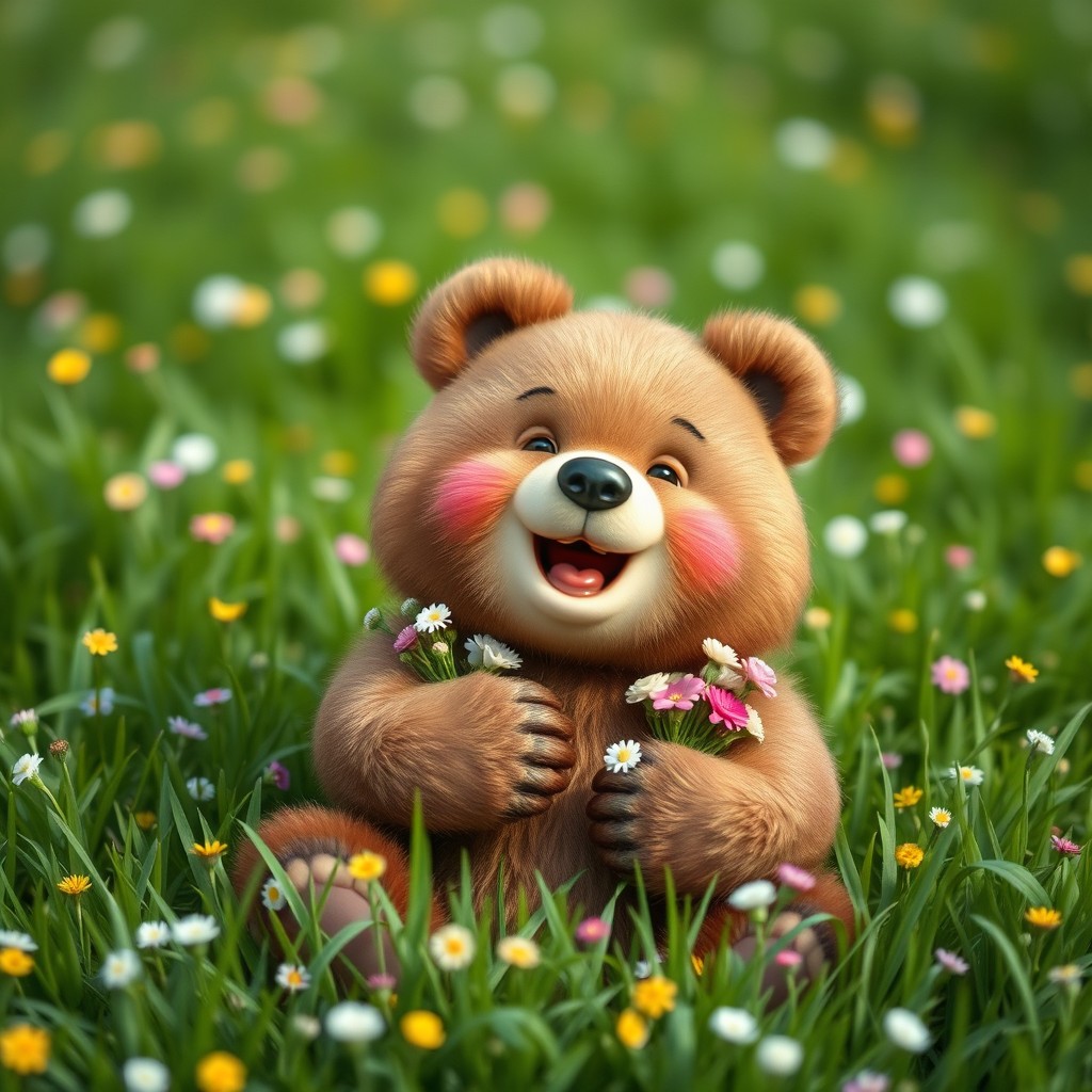 A cute and cheerful little bear on a lush green meadow, joyfully smiling while holding a bouquet of flowers in its paws