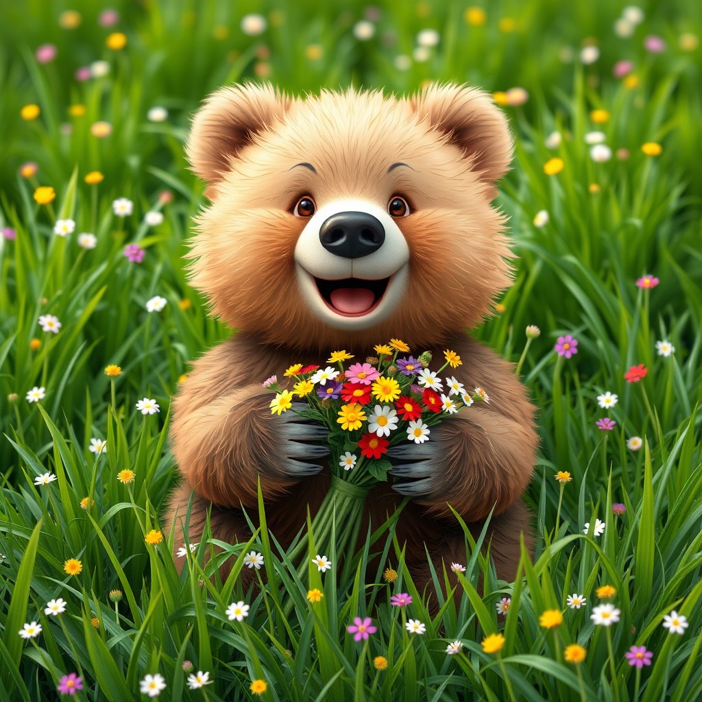 A cute and cheerful little bear on a vibrant green meadow, joyfully smiling while holding a bouquet of colorful flowers in its paws