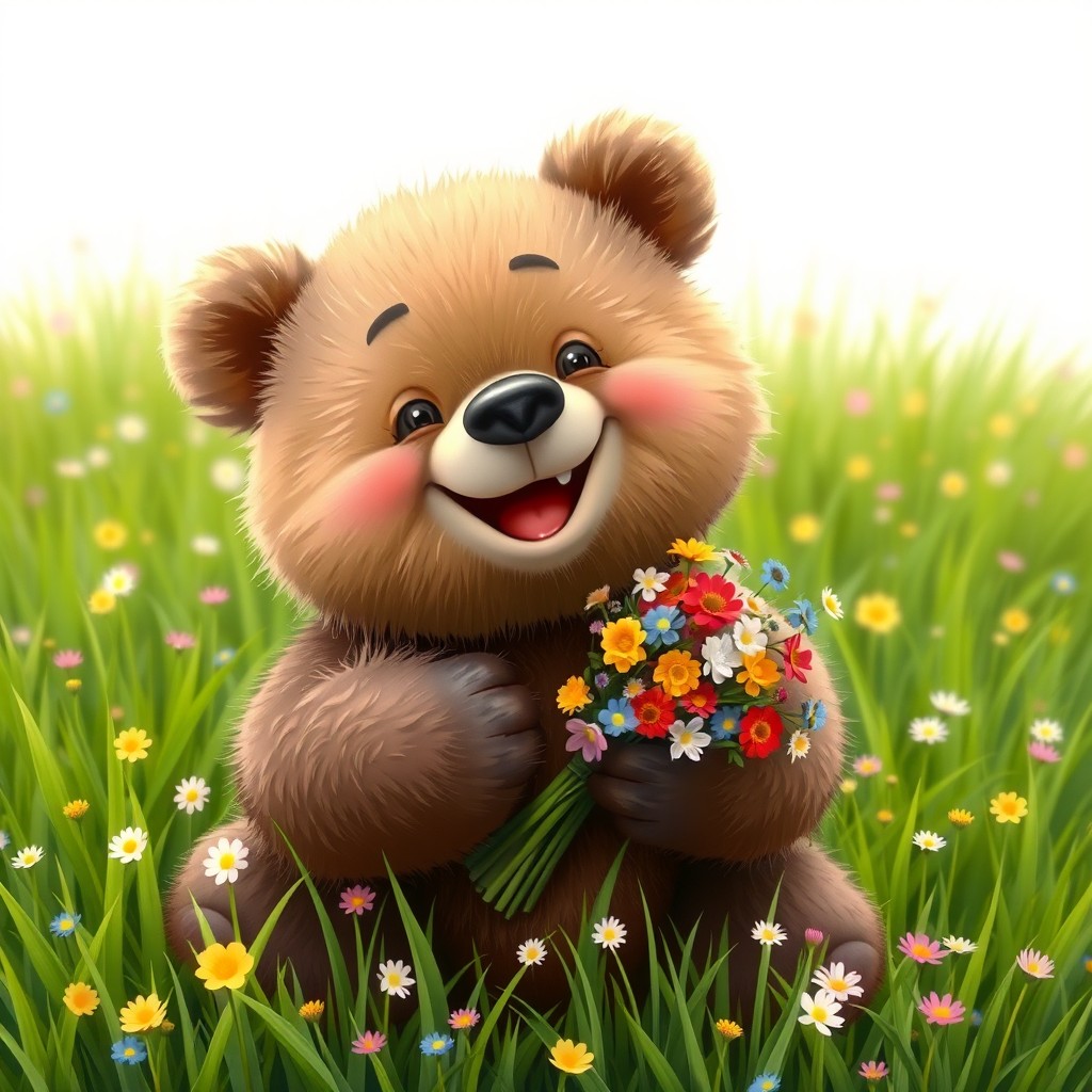 A cute and cheerful little bear on a green meadow, smiling joyfully while holding a bouquet of colorful flowers in its paws