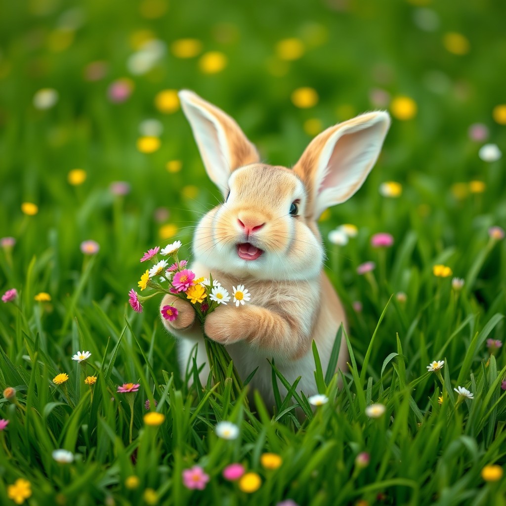 A cute and cheerful little bunny on a vibrant green meadow, joyfully smiling while holding a bouquet of colorful flowers in its paws