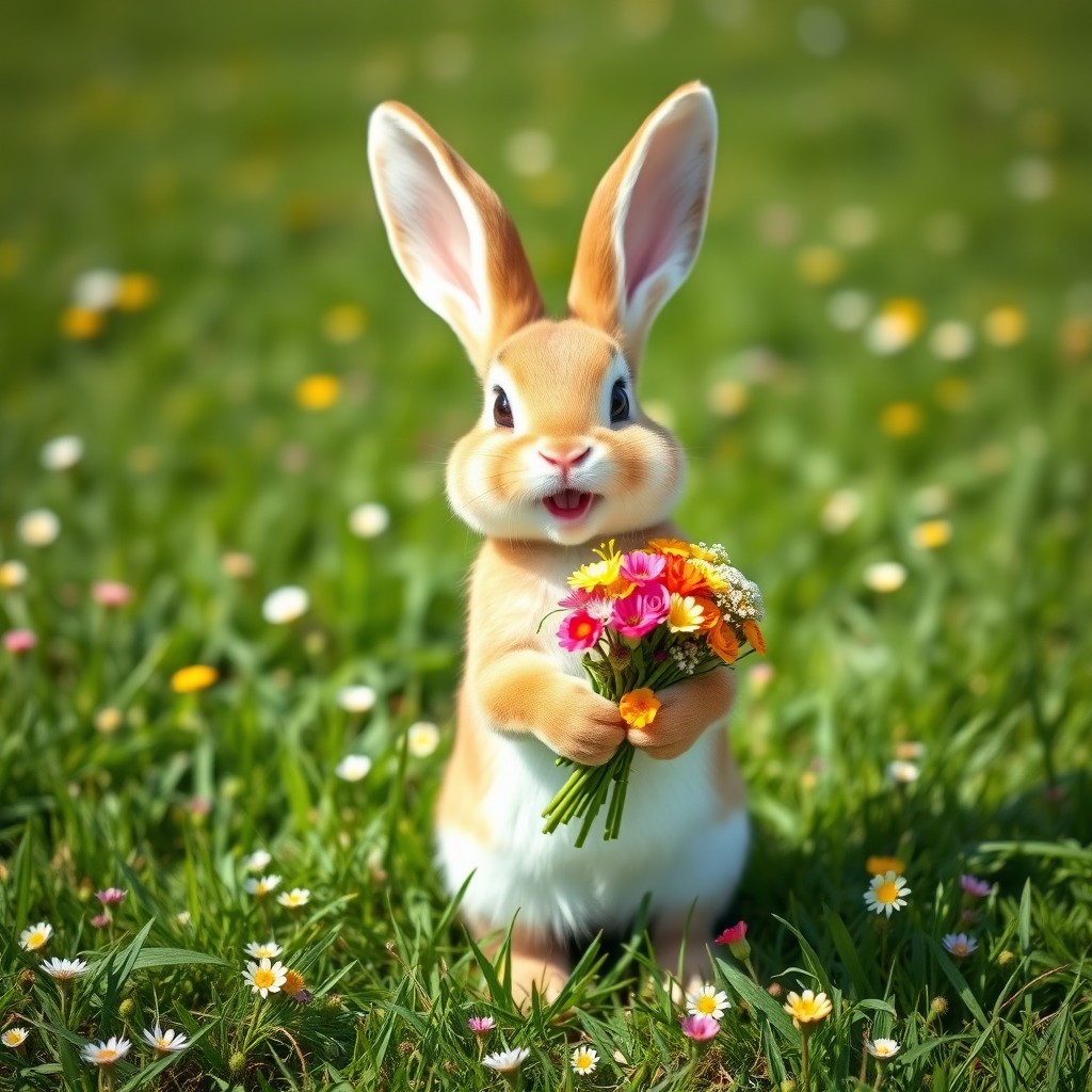 A cute and cheerful little bunny standing on a green lawn, smiling happily