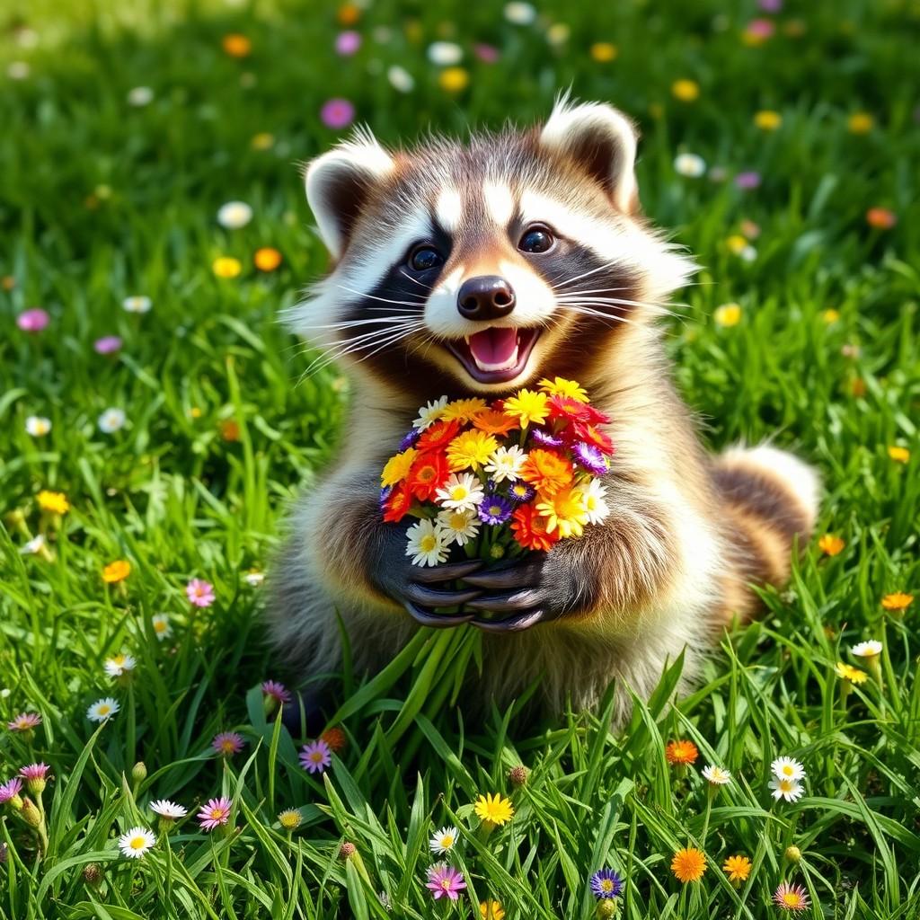 A cute and cheerful little raccoon smiling brightly while holding a bunch of colorful flowers in its paws, sitting on a lush green lawn
