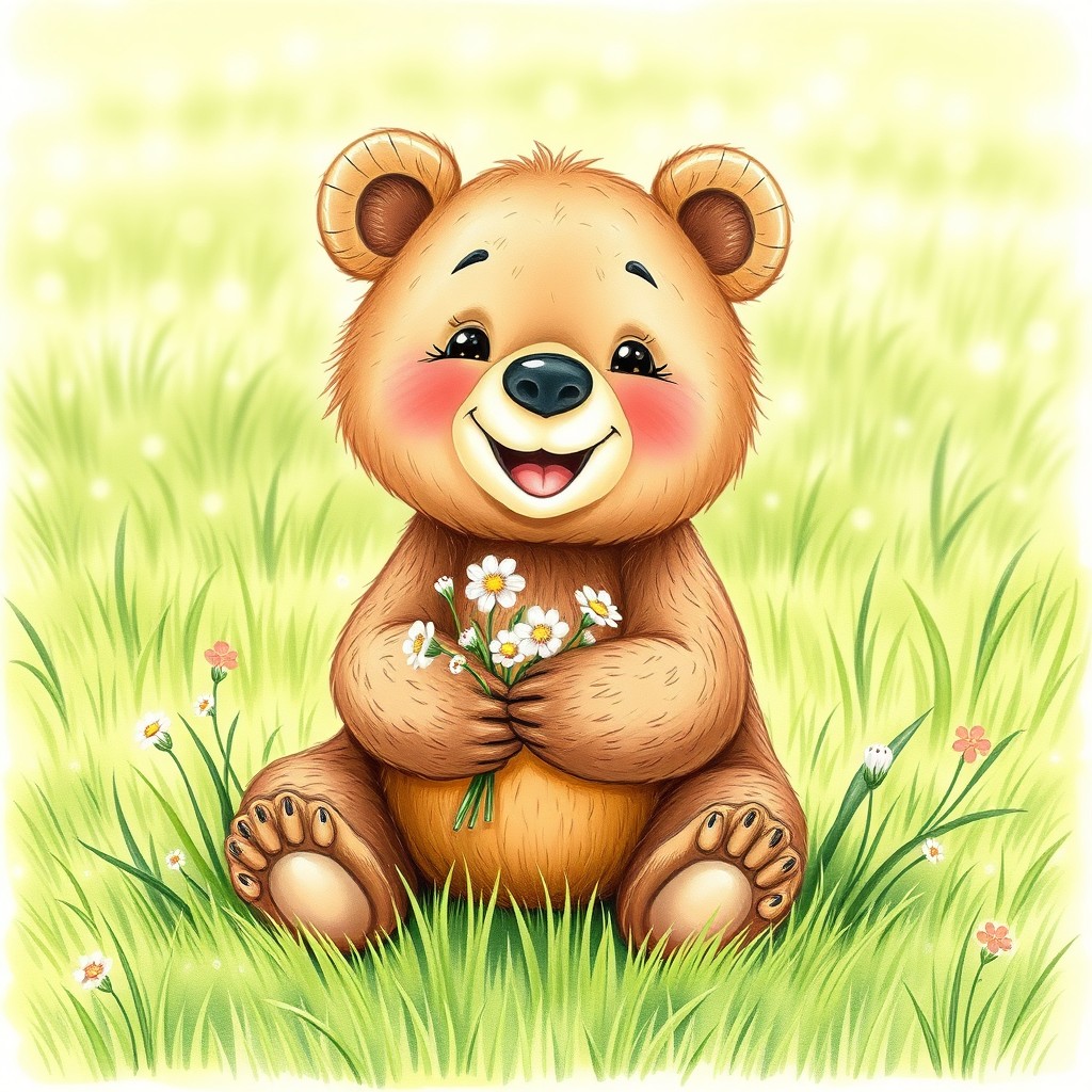 A cute, cheerful little bear sitting on a green meadow, happily smiling, holding a bouquet of small flowers in its paws