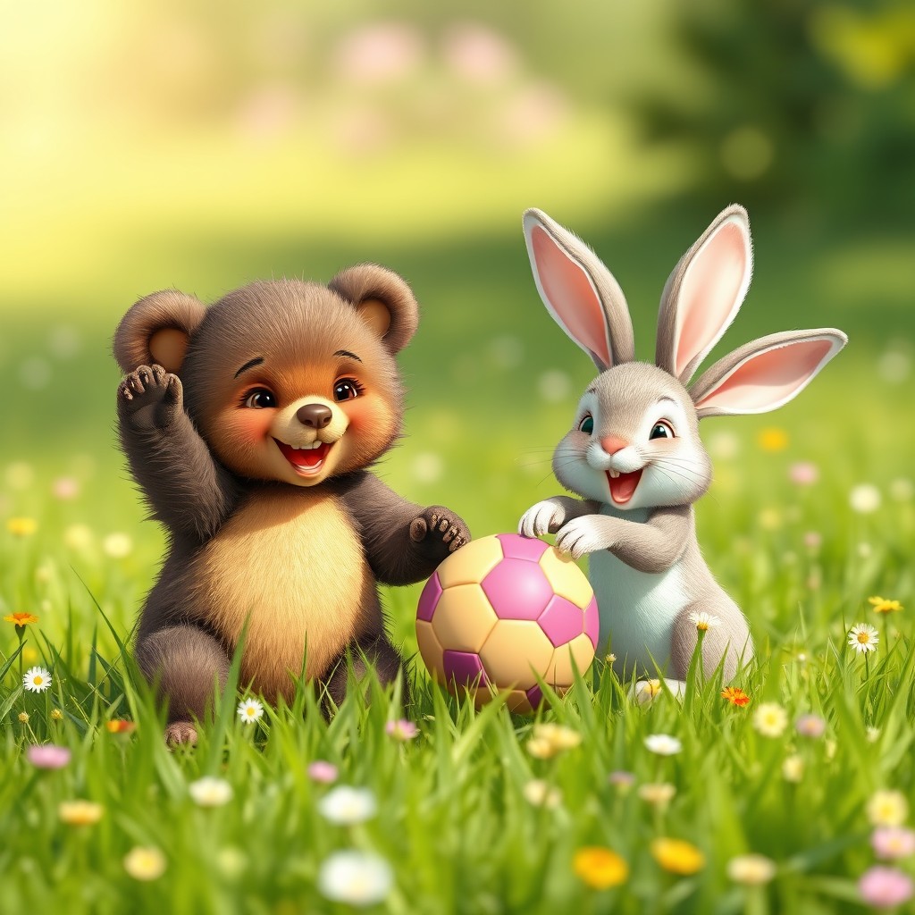 A cute and cheerful little bear and a happy little bunny playing with a ball on a lush green meadow, both smiling joyfully