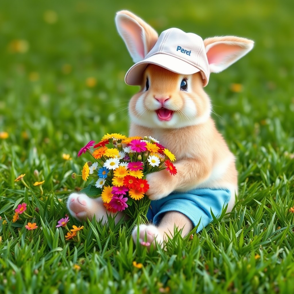 A cute and cheerful little bunny wearing shorts and a baseball cap, happily smiling while sitting on a green lawn