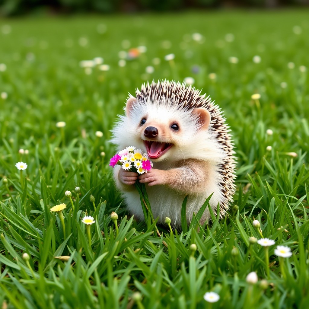 A cute, cheerful little hedgehog on a green lawn, smiling joyfully while holding a bunch of flowers in its paws