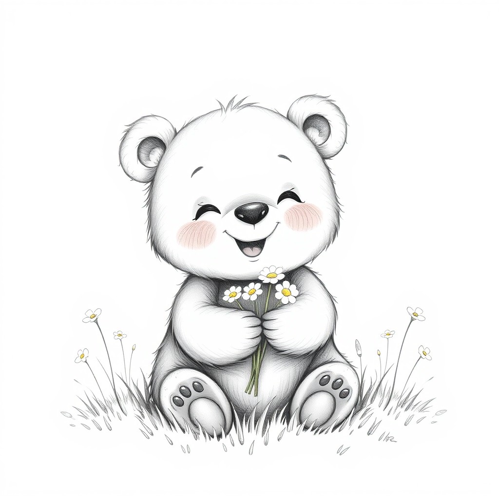 A cute, cheerful little bear on a green meadow, smiling joyfully, holding a bunch of small flowers in its paws