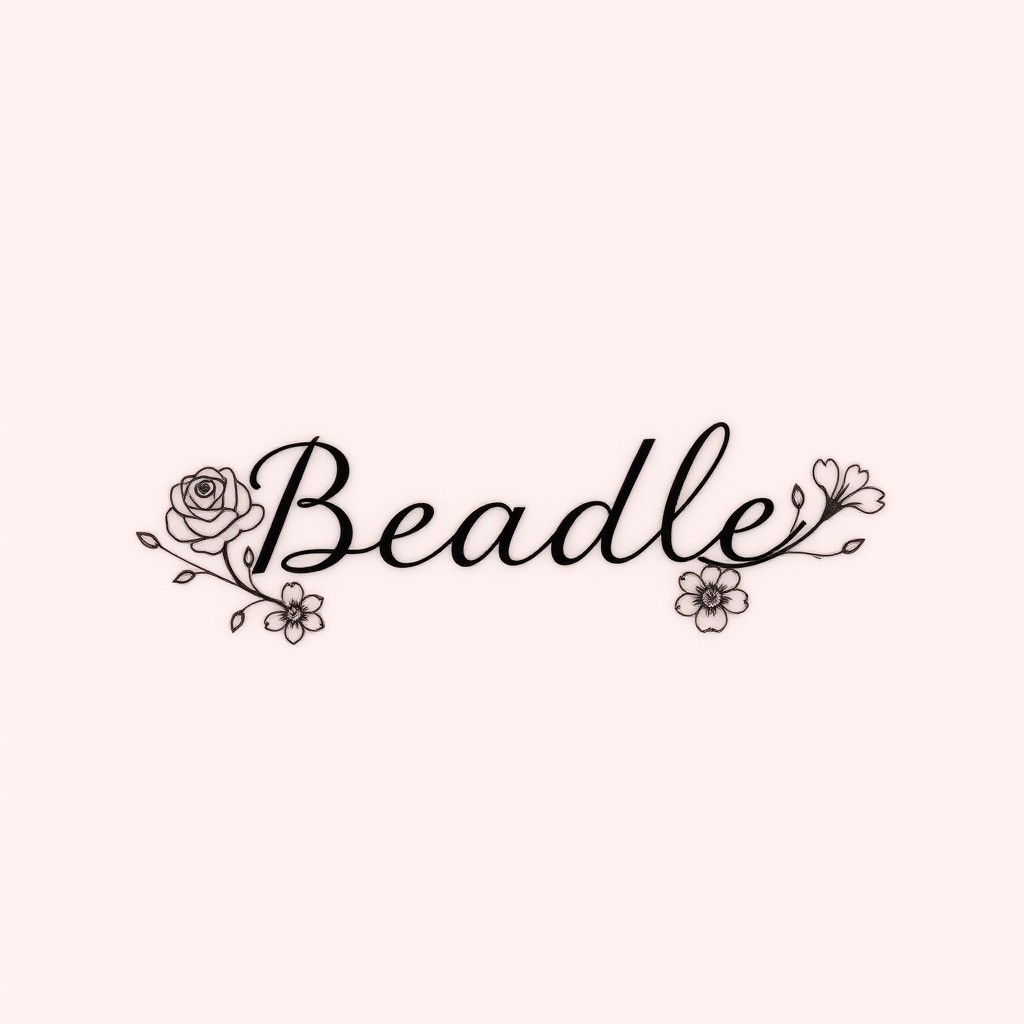 A simple and minimalistic tattoo design featuring the name 'Beadle' elegantly incorporated into a subtle floral arrangement