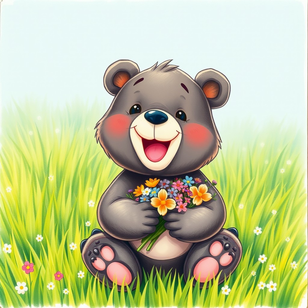 A cute and cheerful little bear on a lush green meadow, smiling happily while holding a bouquet of colorful flowers in its paws