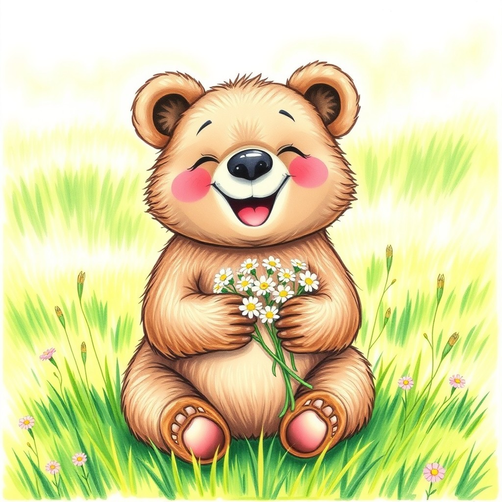 A cute and cheerful little bear sitting on a lush green meadow, joyfully smiling as it holds a bouquet of small flowers in its paws