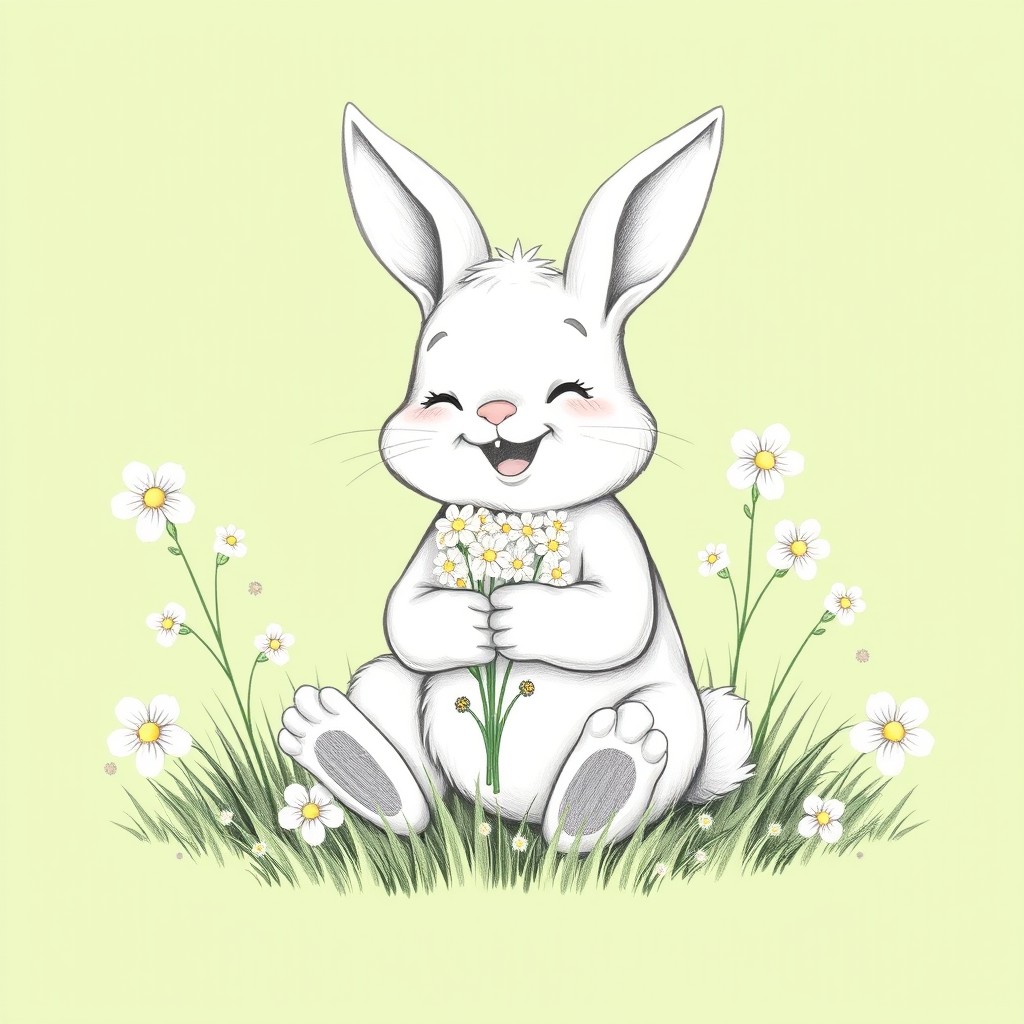 A cute, cheerful little bunny sitting on a green meadow, smiling joyfully