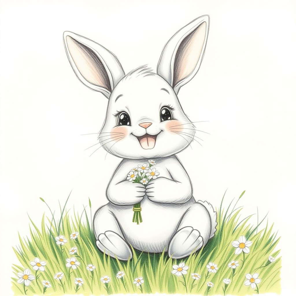 A cute, cheerful little bunny sitting on a lush green meadow, smiling brightly