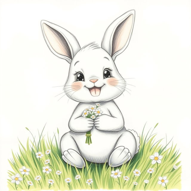 A cute, cheerful little bunny sitting on a lush green meadow, smiling brightly