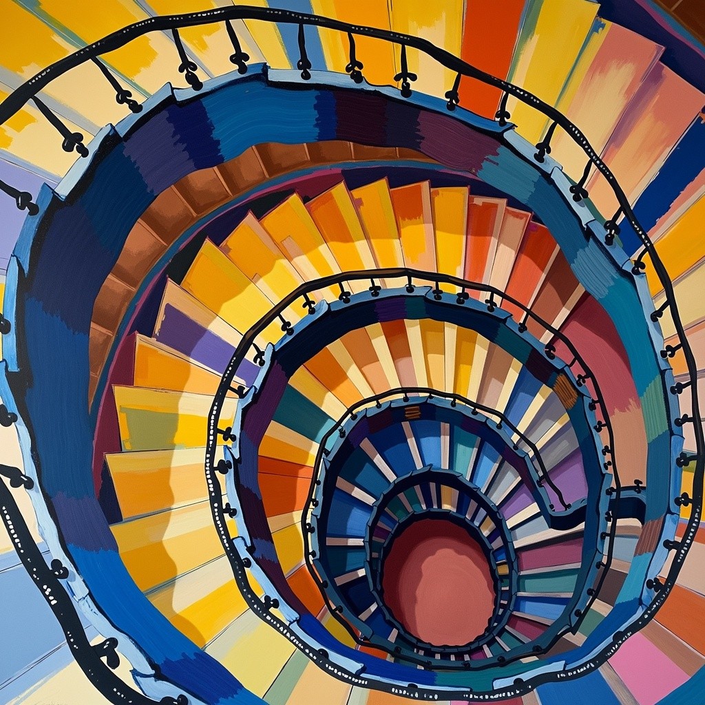 An aerial view of a Japanese spiral staircase, showcasing intricate architectural details and elegant curves