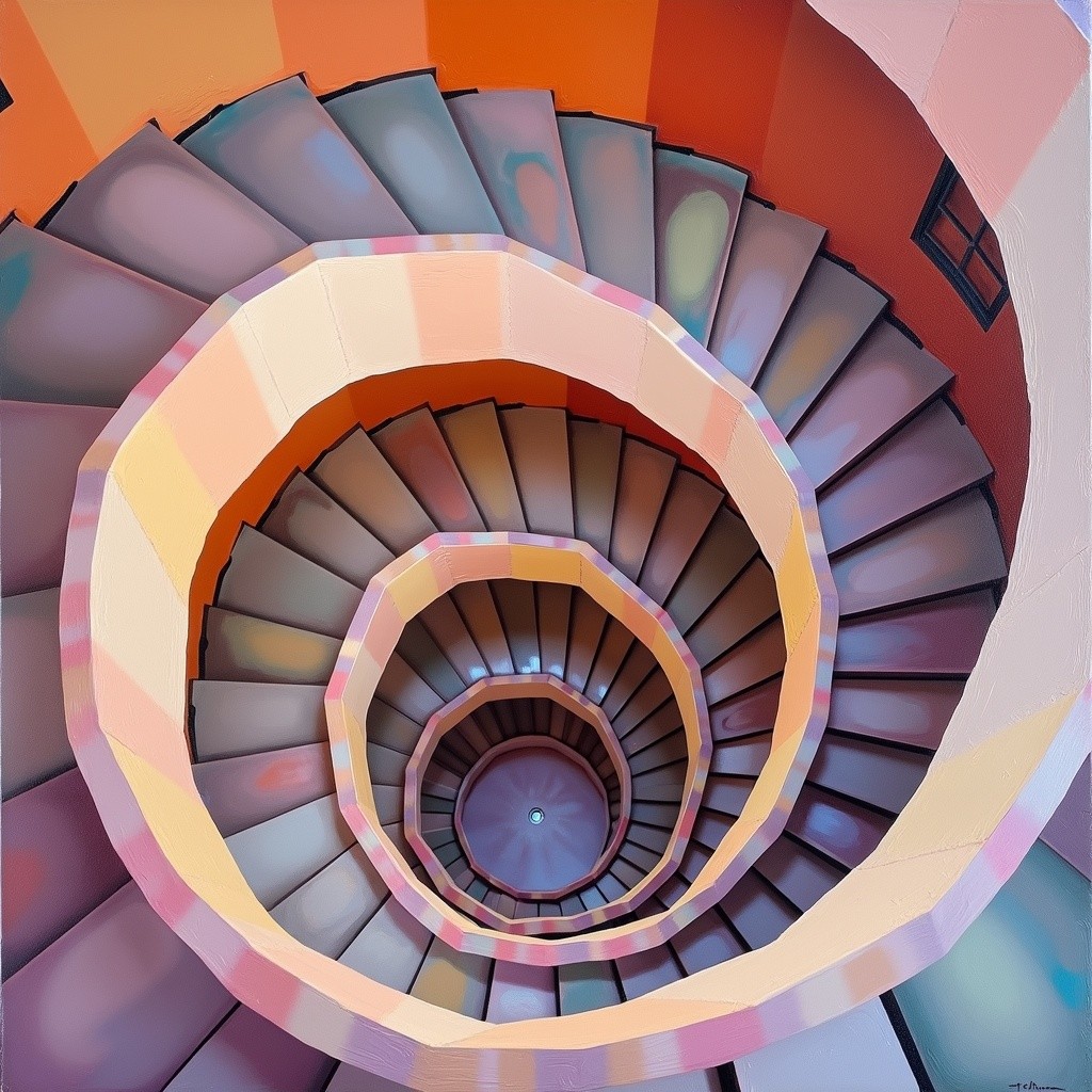 An aerial view of a Japanese spiral staircase, showcasing intricate architectural details and elegant curves