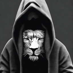 A mysterious man with his face concealed by a black mask, wearing a hoodie adorned with a silver lion stripe pattern.