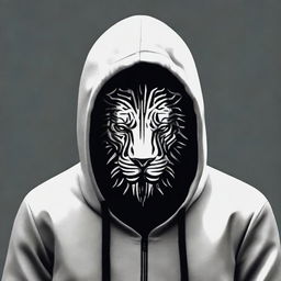 A mysterious man with his face concealed by a black mask, wearing a hoodie adorned with a silver lion stripe pattern.