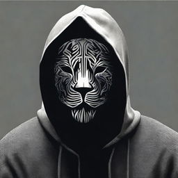 A mysterious man with his face concealed by a black mask, wearing a hoodie adorned with a silver lion stripe pattern.