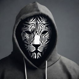 A mysterious man with his face concealed by a black mask, wearing a hoodie adorned with a silver lion stripe pattern.