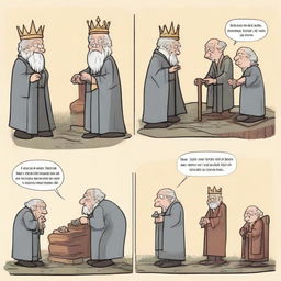 A 2D comic strip. First scene: Three men greeting an old grandmother. Second scene: An evil king sitting on his throne. Third scene: The three men defeating the evil king. Final scene: One man mourning by two graves