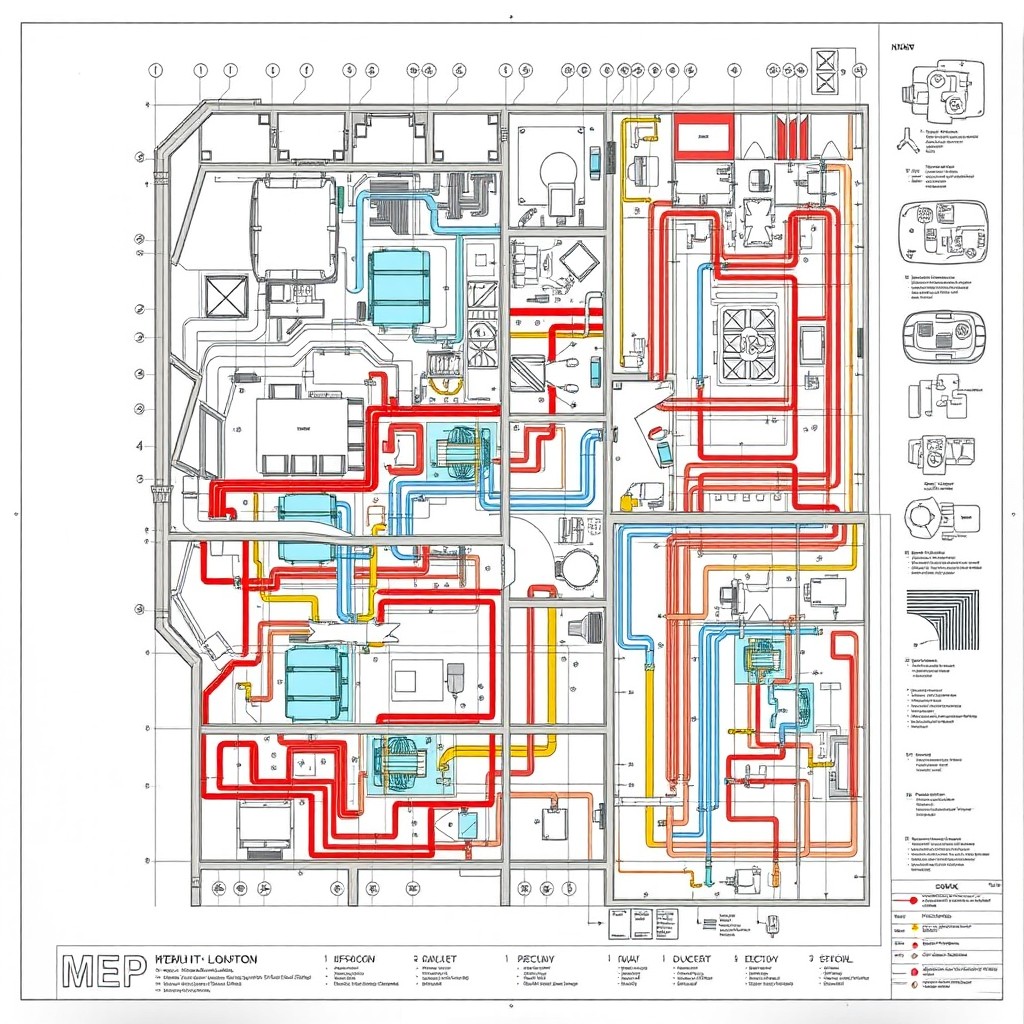 A detailed and intricately designed architectural drawing showcasing Revit MEP plans