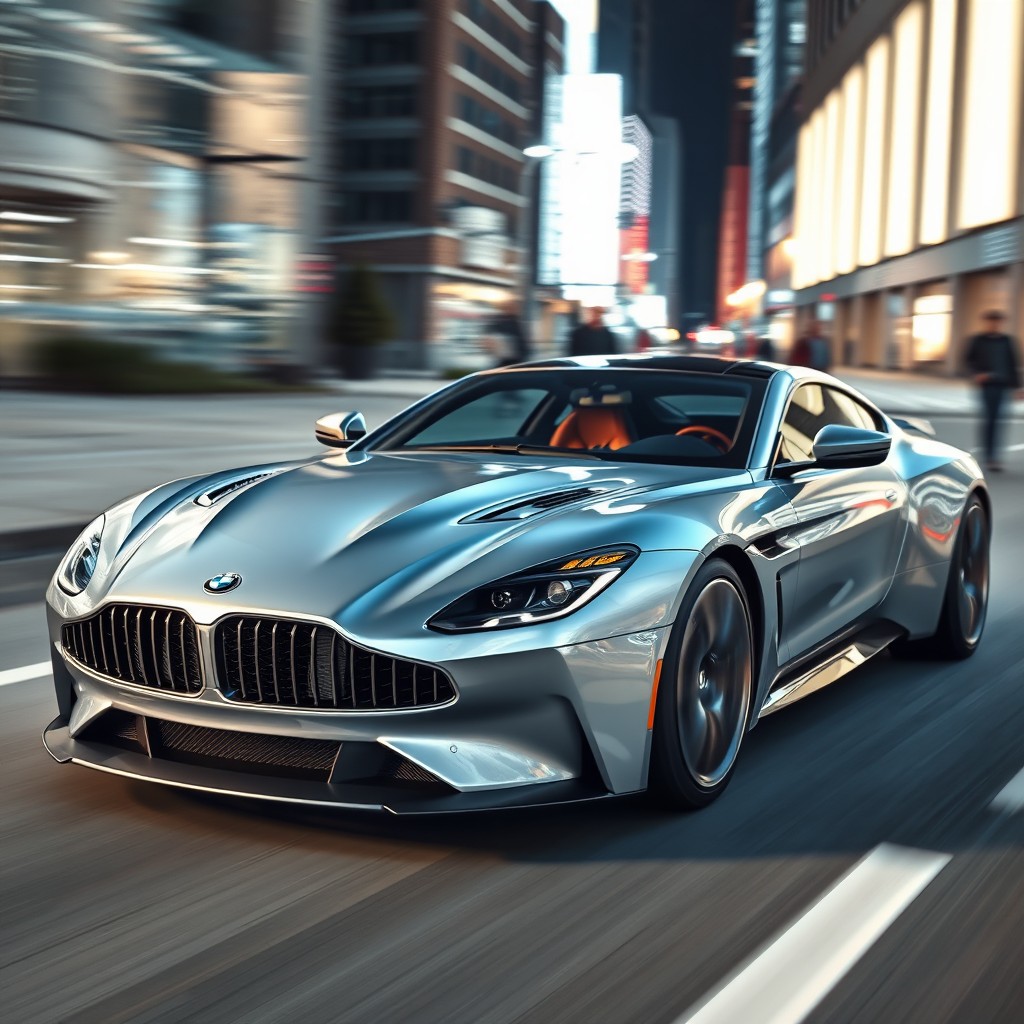 A BMW Aston Martin styled wide silver super sport car, featuring sleek aerodynamic lines and a powerful presence