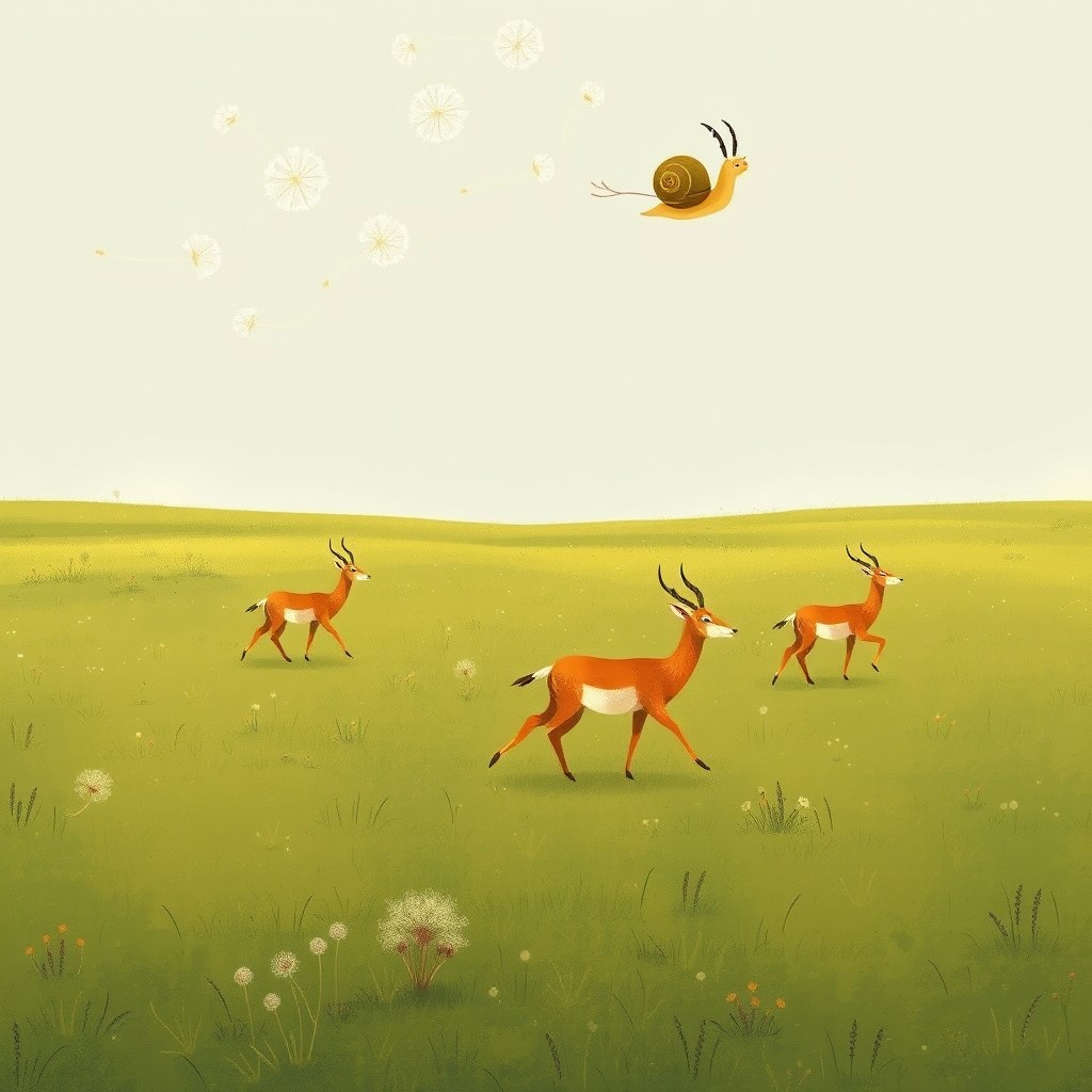A picturesque scene on a vast grassland where several antelopes are gracefully running in the distance