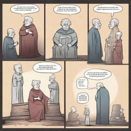 A 2D comic strip. First scene: Three men greeting an old grandmother. Second scene: An evil king sitting on his throne. Third scene: The three men defeating the evil king. Final scene: One man mourning by two graves