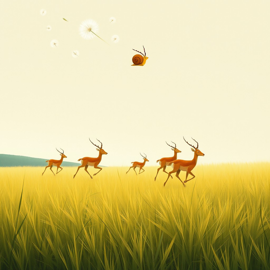 A beautiful grassland scene featuring several antelopes running in the distance, capturing the essence of freedom and nature