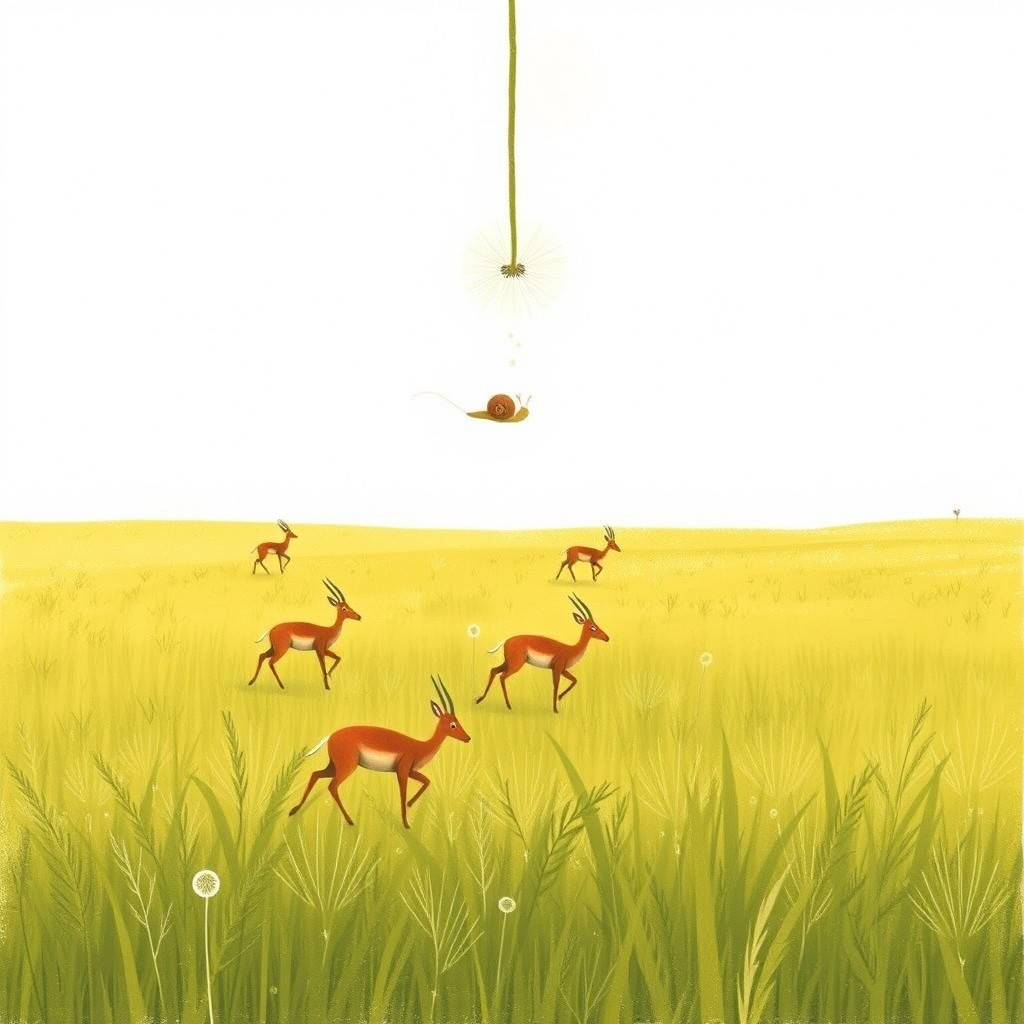 A charming grassland landscape featuring several antelopes running in the distance