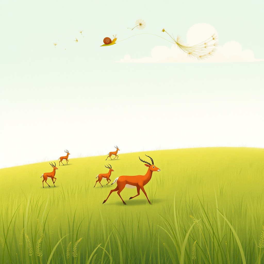 A delightful grassland landscape featuring several antelopes running in the distance, conveying a sense of motion and freedom