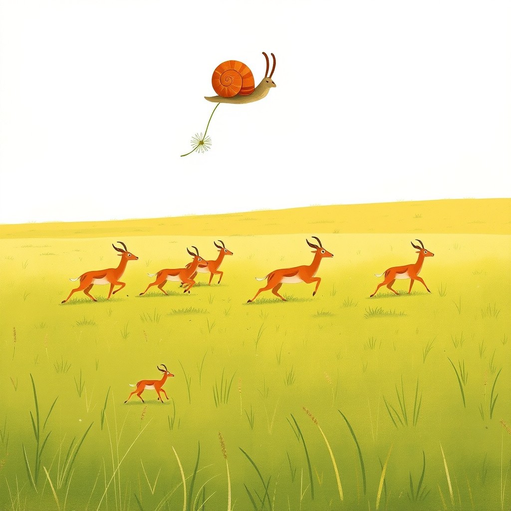 A charming grassland scene featuring several antelopes running in the far background, exuding a sense of movement and freedom