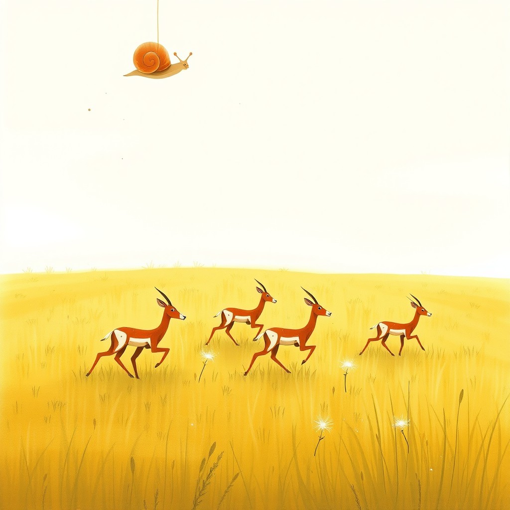 A whimsical grassland scene featuring several antelopes galloping in the far background, embodying a sense of freedom and vitality