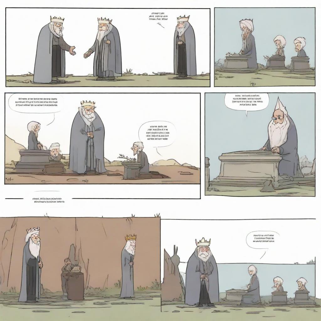 A 2D comic strip. First scene: Three men greeting an old grandmother. Second scene: An evil king sitting on his throne. Third scene: The three men defeating the evil king. Final scene: One man mourning by two graves