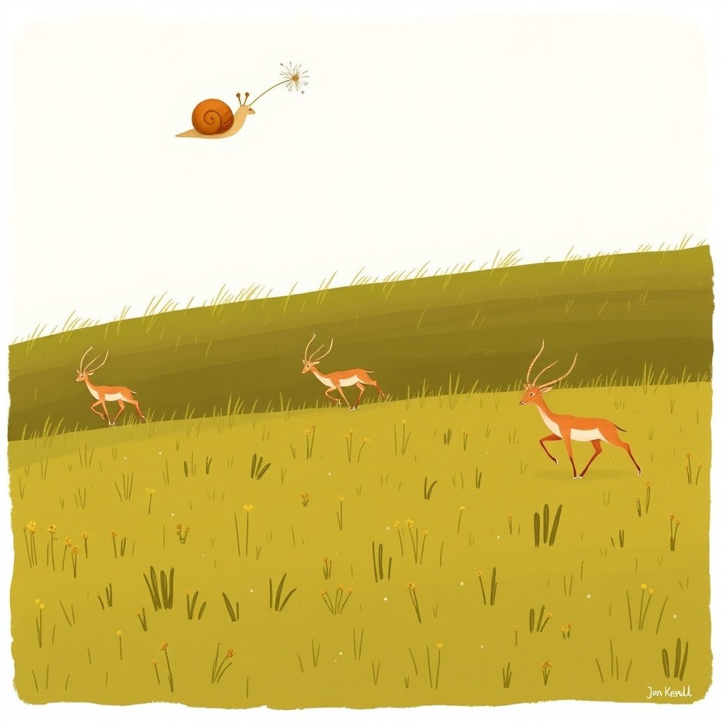 A whimsical grassland scene featuring several antelopes running in the far background, illustrating a sense of grace and liveliness