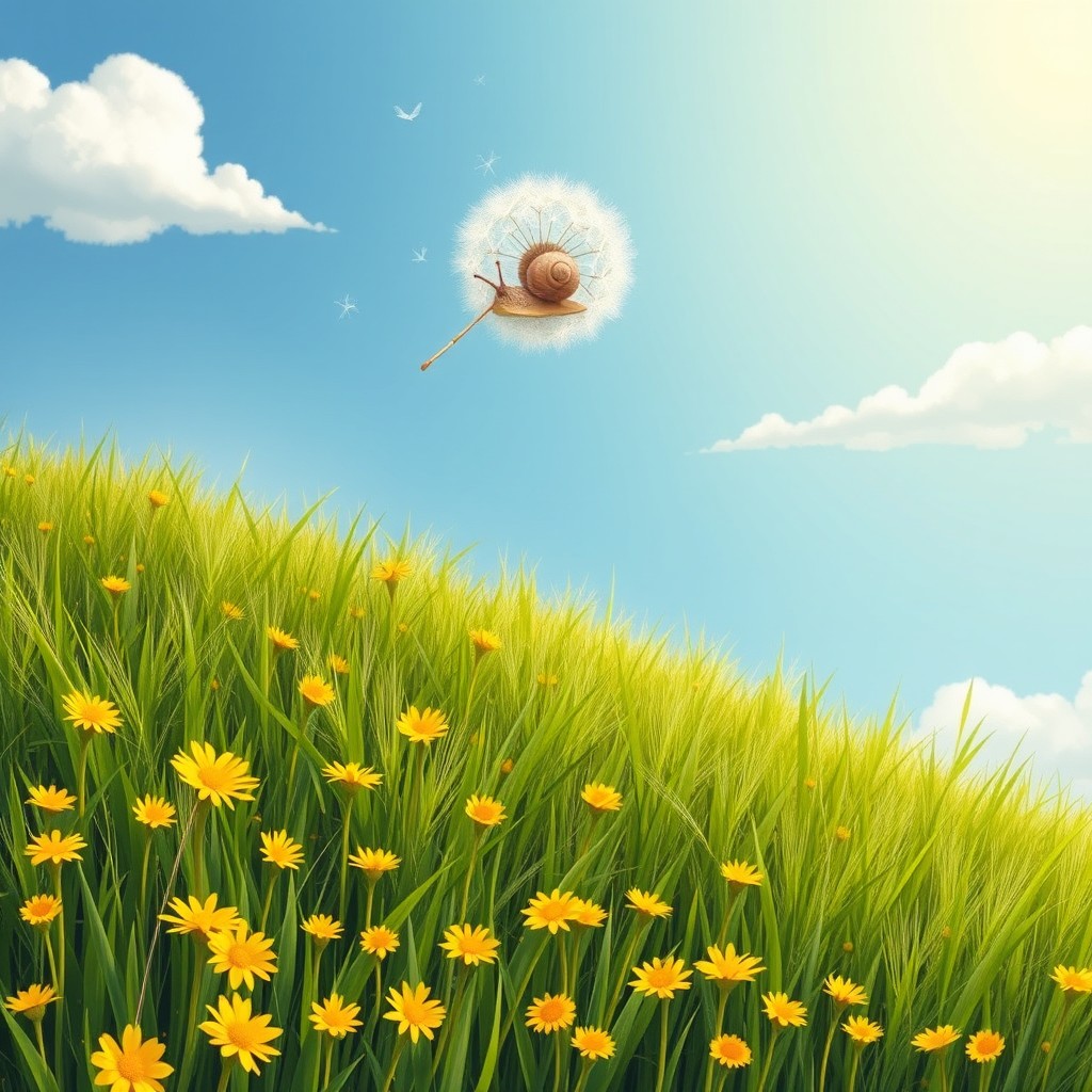 In the delightful and whimsical style of Jon Klassen, a picturesque grassland is covered with vibrant dandelions, their fluffy heads waving gently in the breeze