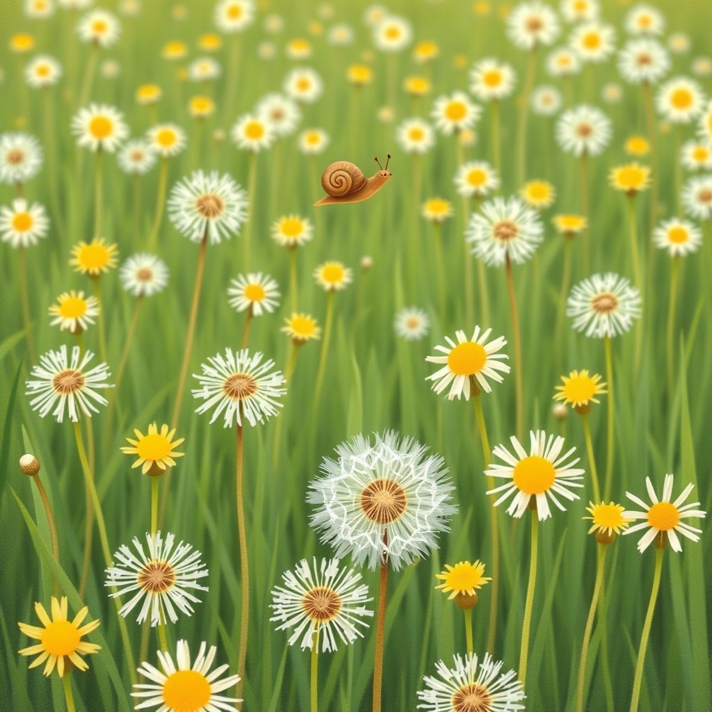A delightful grassland scene covered in blooming dandelions, creating a vibrant and lively atmosphere